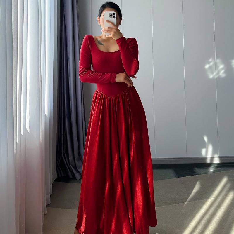 芭蕾风连衣裙红色敬酒礼服长袖