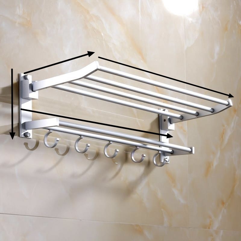 折叠太空铝毛巾架免打孔卫生间浴室浴巾架双杆毛巾挂带活动挂钩