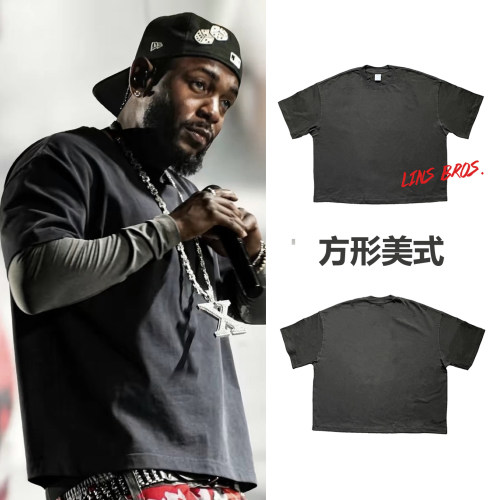 高街KANYE LAMAR重磅西海岸小领口短袖同款boxy短款T恤cleanfit
