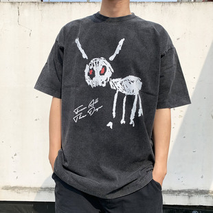 高端Drake for all the dogs短袖小领口t恤水洗做旧纯棉新款长袖