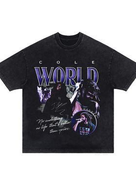 高品质狠货JCole人像长袖复古宽松洗水小领口t恤纯棉做旧潮新款