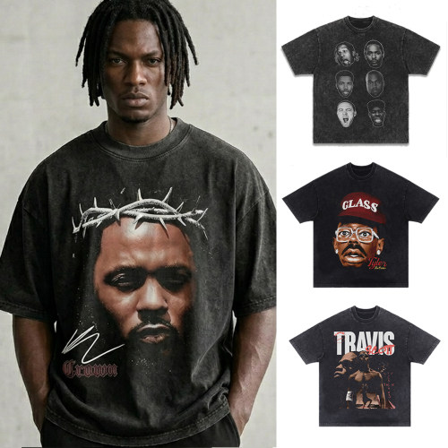 说唱明星300高克重kanye kdot drake短袖嘻哈小领口rap直喷美式潮