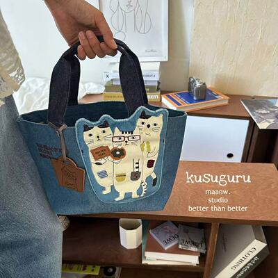 刺绣三只猫手拎包便当包