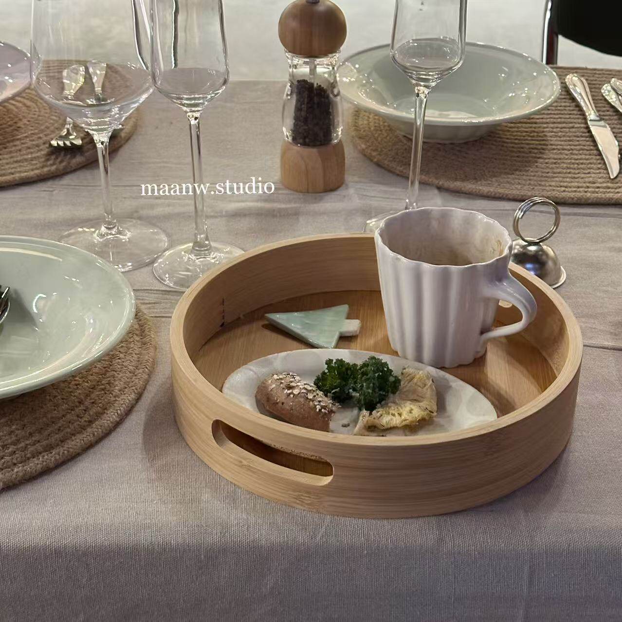 maanw 竹木家用早餐盘蛋糕甜品盘圆形长方提手香薰杂物收纳盘,餐饮具,餐用托盘,淘宝优惠券,粉丝福利购,淘宝优惠卷