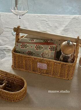 maanw 日式仿藤手工编织木柄手拎收纳筐遥控器杂物餐具整理筐