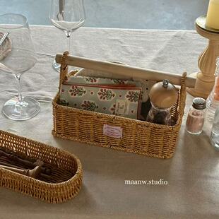 maanw 仿藤手工编织木柄手拎收纳筐遥控器杂物餐具整理筐 日式
