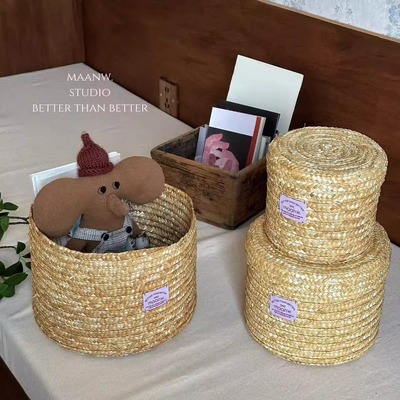 草编带盖收纳盒圆形储物筐