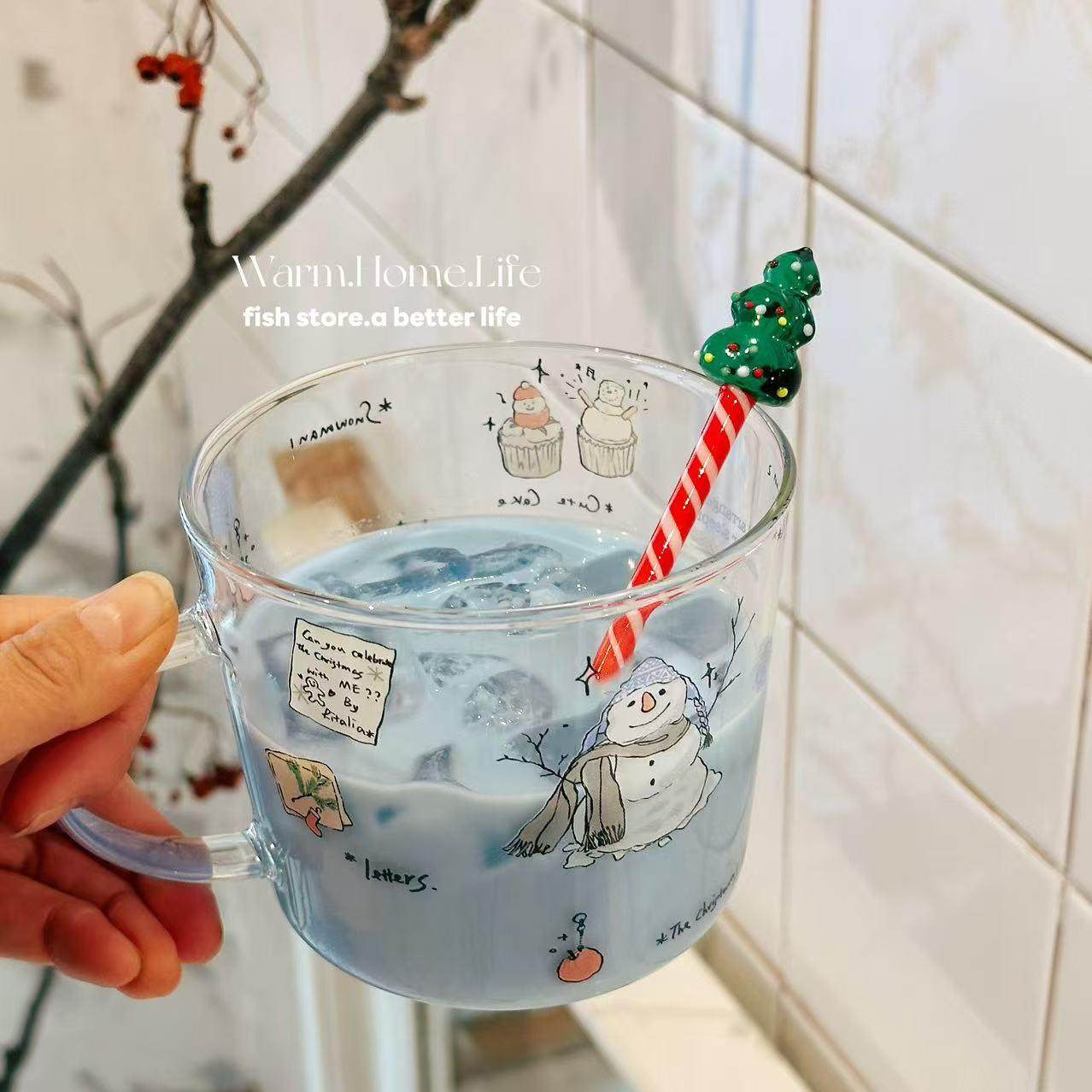 maanw 圣诞雪人可爱兔兔玻璃杯耐高温大容量果汁牛奶杯水杯,餐饮具,玻璃杯,淘宝优惠券,粉丝福利购,淘宝优惠卷