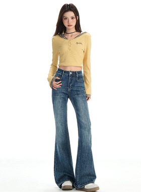 复古蓝弹力甜辣高腰喇叭牛仔裤女早秋新款不贴腿提臀显瘦马蹄裤