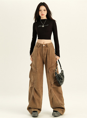 美式复古设计感牛仔工装裤女秋季2024新款宽松显瘦阔腿拖地长裤子