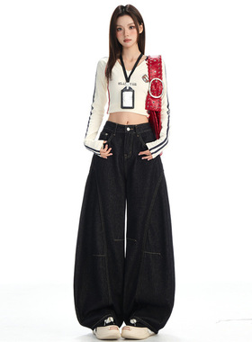 秋季新款深蓝色弯刀高腰拼接设计感牛仔裤女2025气质防褪色阔腿裤