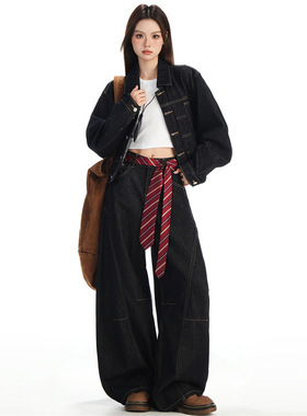 深蓝色车线分割弯刀牛仔裤女复古美式街头高腰显瘦松弛百搭阔腿裤