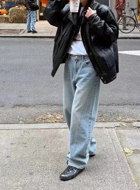 浅蓝高腰弯刀牛仔裤 男女伪娘同款 中性风宽松拖地 显瘦阔腿裤