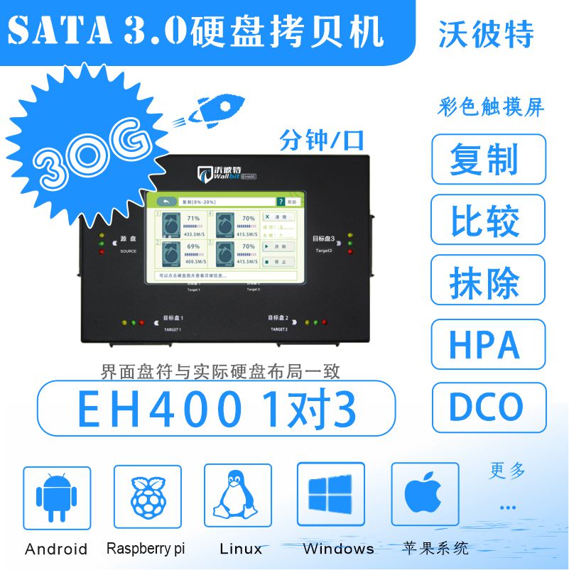 沃彼特30G飚速1对3SATA SSD硬盘系统底层拷贝机抹除机dod安全抹除