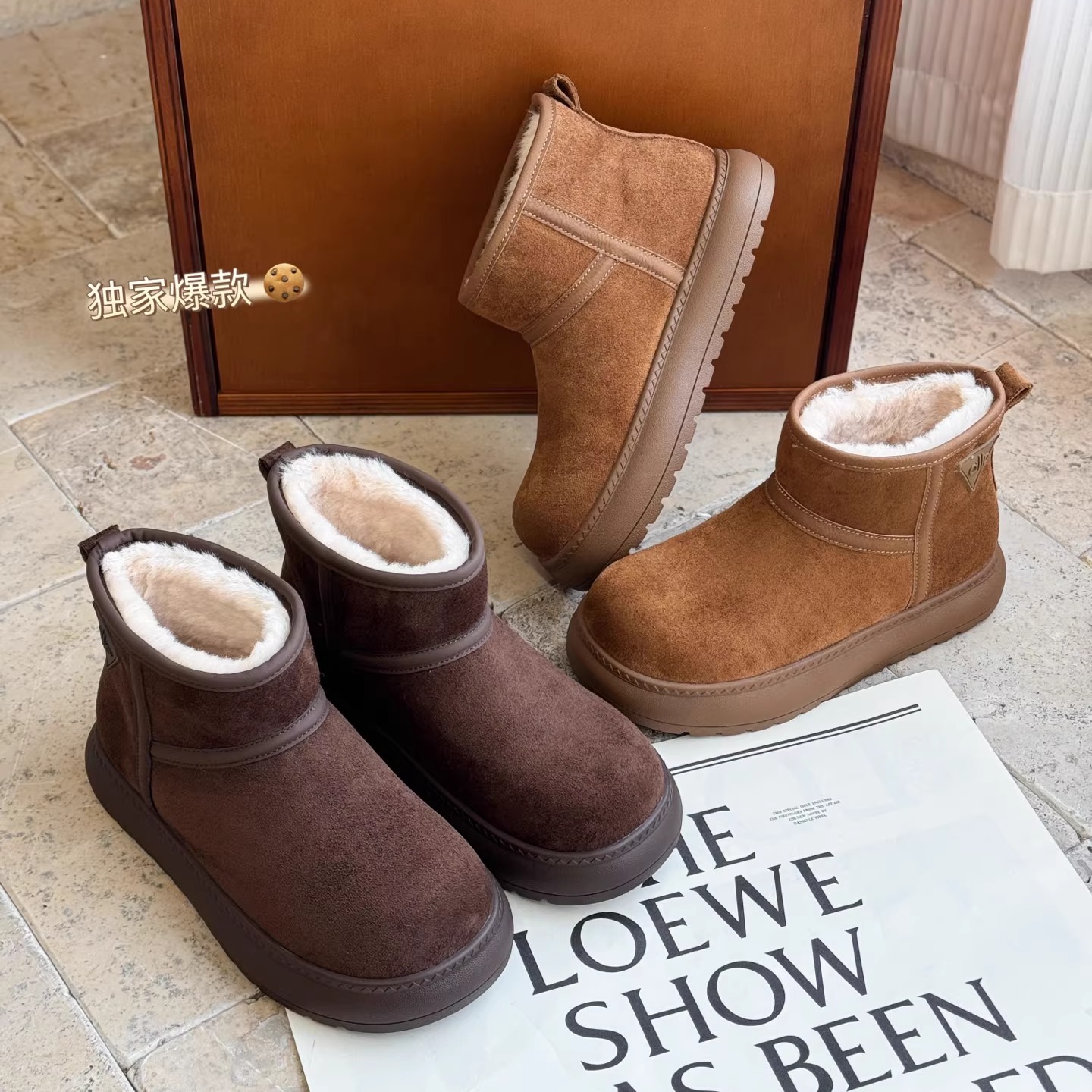 牛反绒毛圈厚底短靴2025新款加绒勃肯鞋保暖加厚雪地靴她致3206