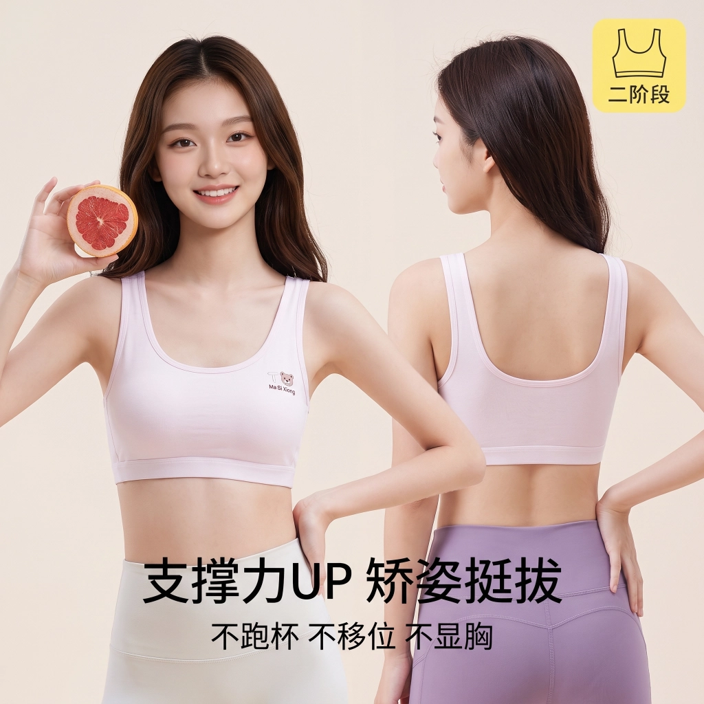 少女内衣二阶段纯棉大码青春发育期初中生背心固定杯防震运动文胸