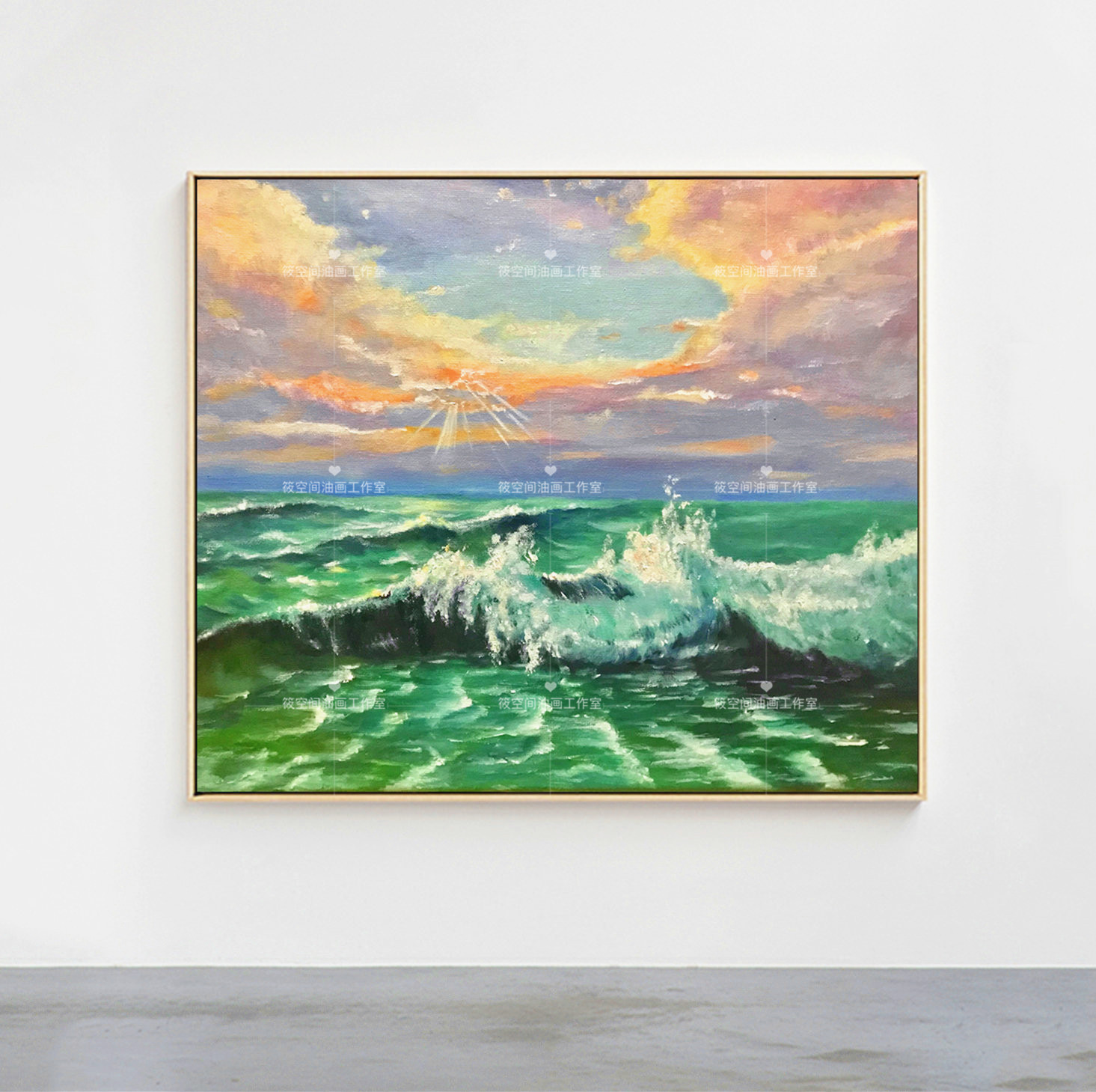 纯手绘油画 海上日出海景油画现代北欧家居装饰画客厅玄关电表箱