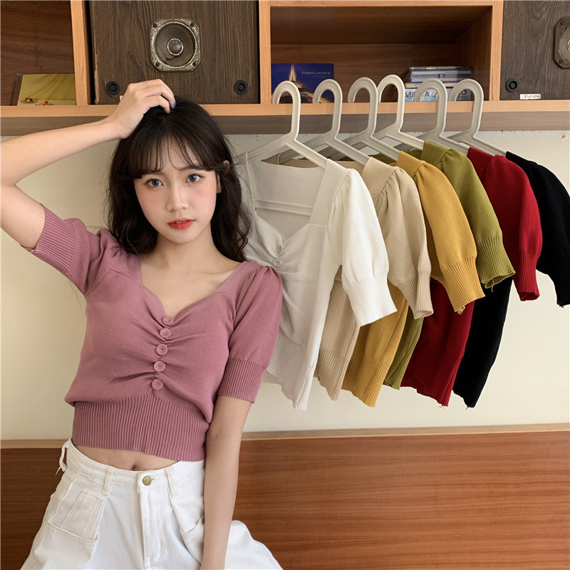 Real price real price collar bubble sleeve bottomed T-shirt multi color tight short sleeve short top women's fashion