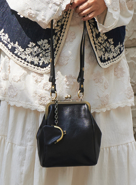 藤也家新中式真皮包植鞣牛皮口金夹子包中古风复古单肩斜挎贝壳包