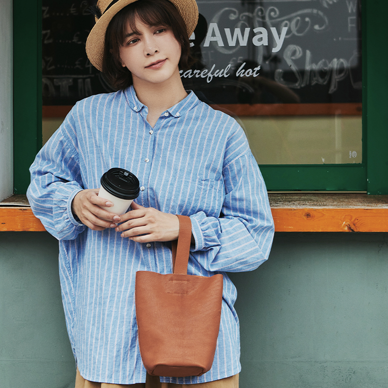 藤也家日系diy牛皮磁扣水桶包