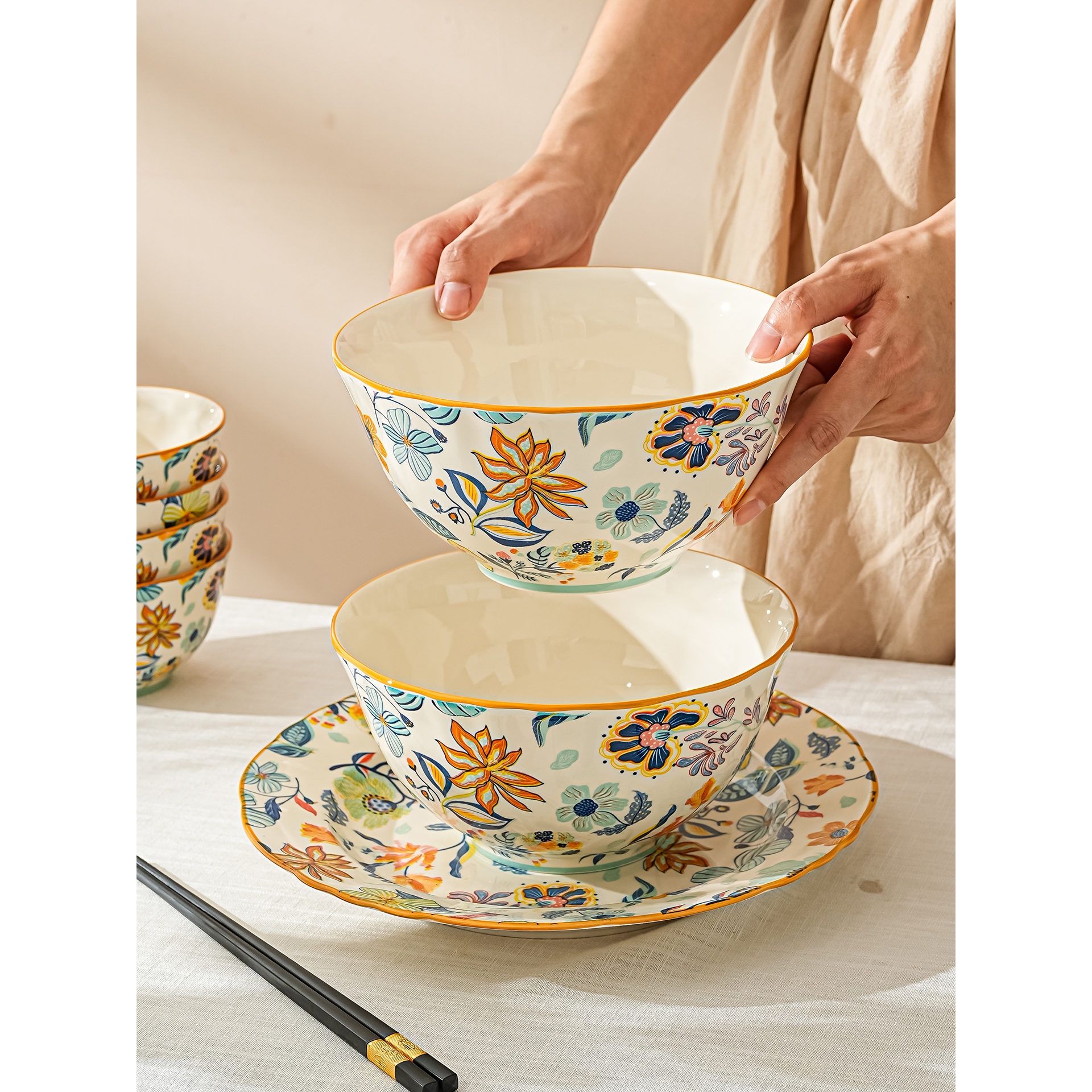 满庭芳系列家用釉下彩陶瓷饭碗餐具新款高颜值碗具微波炉专用碗