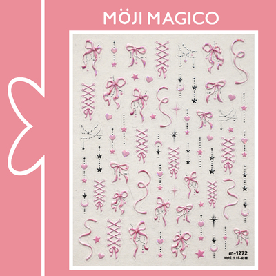 茉季粉色梦幻蝴蝶结玻璃碎美甲贴纸防水指甲贴装饰贴花饰品M1272