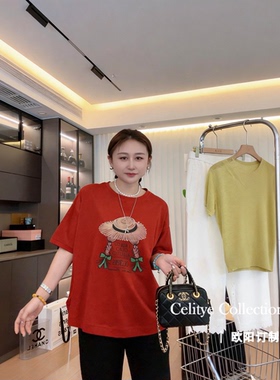 欧阳自制【妈妈装】精梳棉卡通印花休闲短袖宽松遮肚上衣  35582