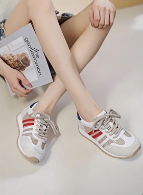 真皮华夫阿甘鞋女2024夏季新款网面透气休闲鞋百搭拼色慢跑运动鞋