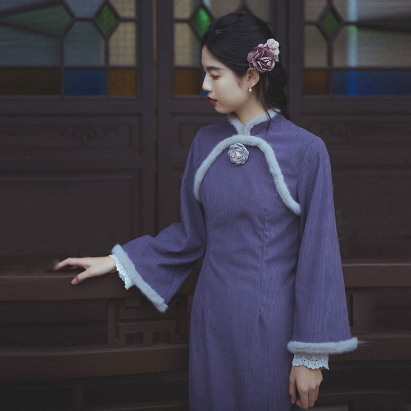 秋冬打底修身旗袍复古民国风女茶艺师优雅禅意文艺茶服连衣裙外套