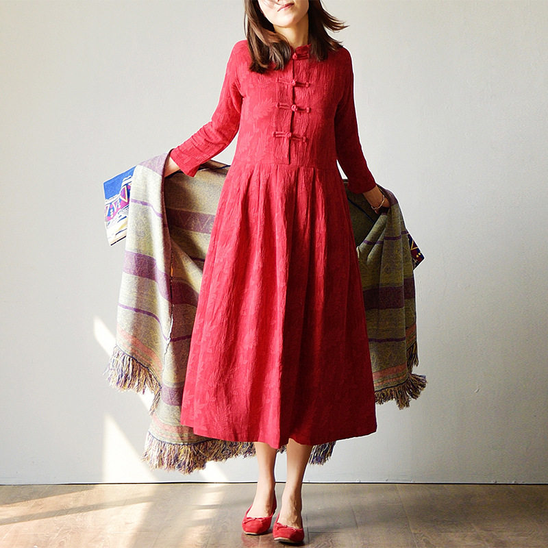 中式棉麻连衣裙春秋a型宽松遮肉显瘦茶艺师诗词古琴表演服装