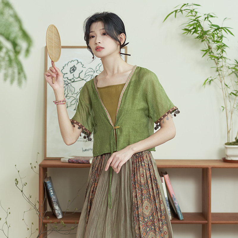 新中式日常汉服少女显瘦显高民族风半身裙短袖茶服汉元素时尚套装