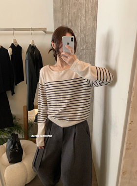 IMISS01236韩系2025新宽松显瘦圆领条纹女百搭休闲针织衫打底上衣