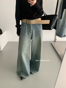 SKY复古高腰怀旧洗水牛仔加绒加厚阔腿裤气质显瘦直筒拖地长裤女