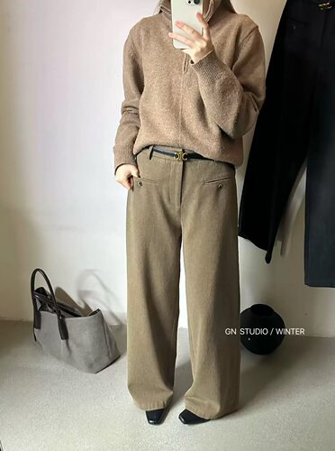GN026903秋季新款老钱风高智极简女韩系休闲高腰显瘦百搭直筒裤子