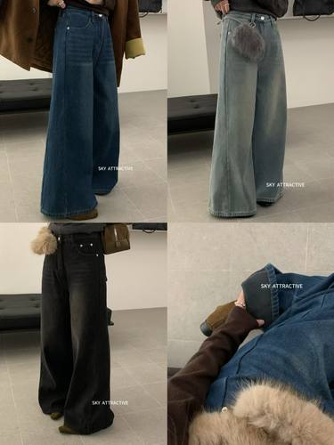 sky3019韩系2025新显瘦高腰直筒休闲女百搭保暖阔腿加绒加厚裤子