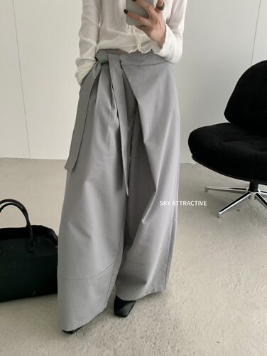 SKY韩系宽松显瘦阔腿裤简约百搭长裤高腰不规则绑带休闲拖地裤女