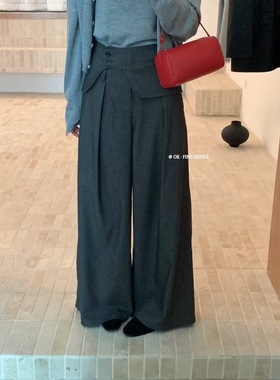 OKFINE秋新时尚显瘦高腰直筒阔腿裤西裤女宽松休闲百搭长裤+腰封