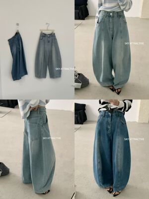 sky3052韩系春款韩系高腰直筒显瘦2026休闲女阔腿弯刀牛仔裤子