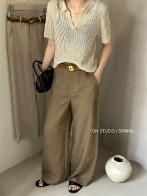 复古港风GN026208新款女宽松显瘦高腰天丝亚麻阔腿裤直筒休闲裤子