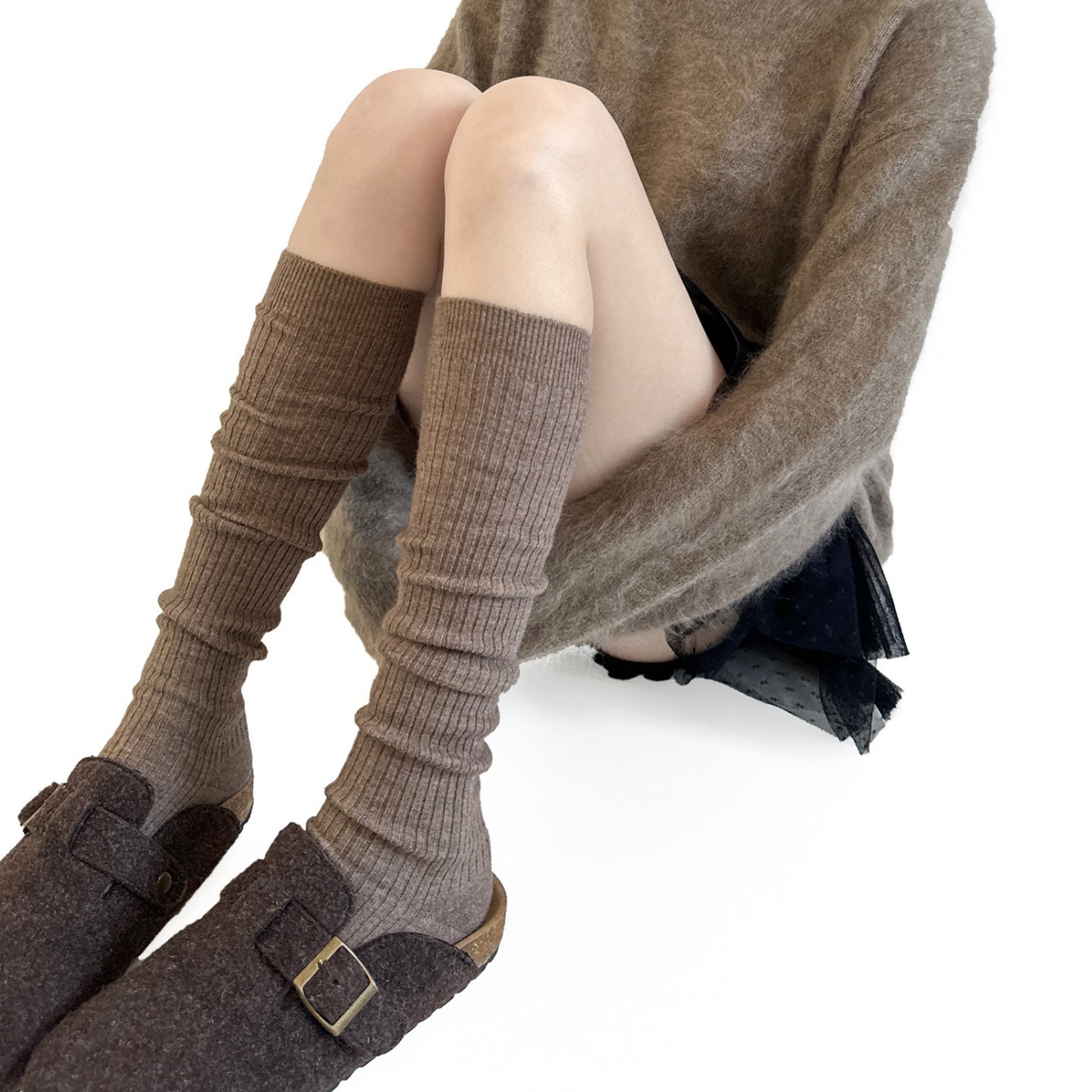 秋冬靴袜女加绒保暖竖纹美拉德咖色小腿袜显瘦及膝袜羊绒堆堆袜子