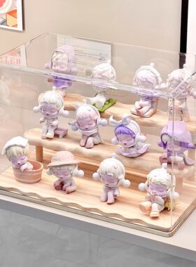 透明防尘盲盒实木阶梯式展示架