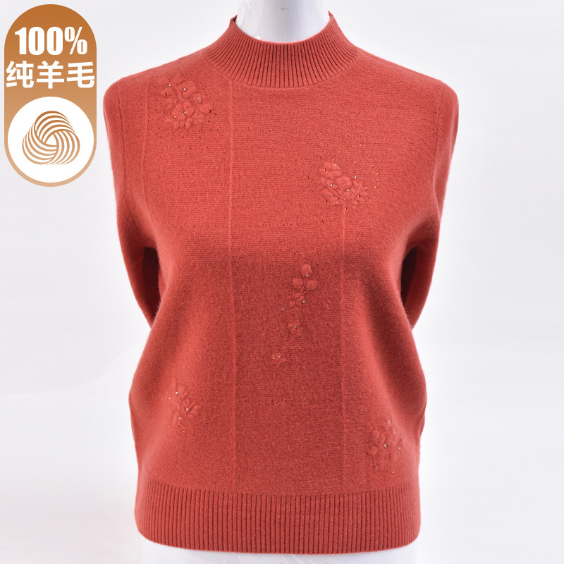 100纯羊毛衫女半高领冬季新款中老年妈妈加厚毛衣绣花针织打底衫