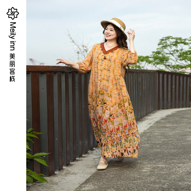 【度假裙】美丽客栈异域风气质高雅大码连衣裙夏胖mm大裙摆印花裙