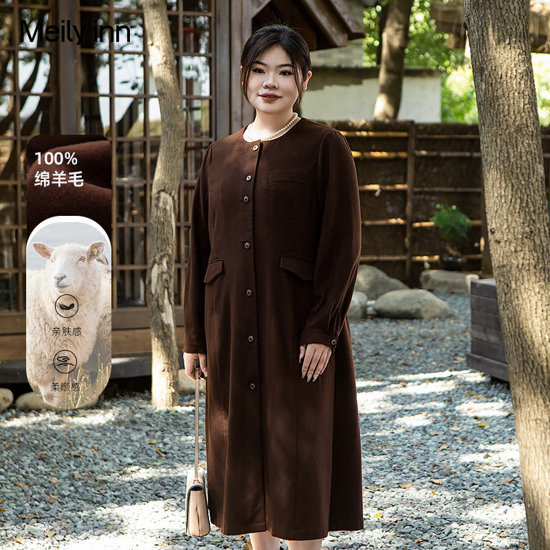 美丽客栈浓情巧巧连衣裙女秋大码女装显瘦复古优雅精纺羊毛风衣裙
