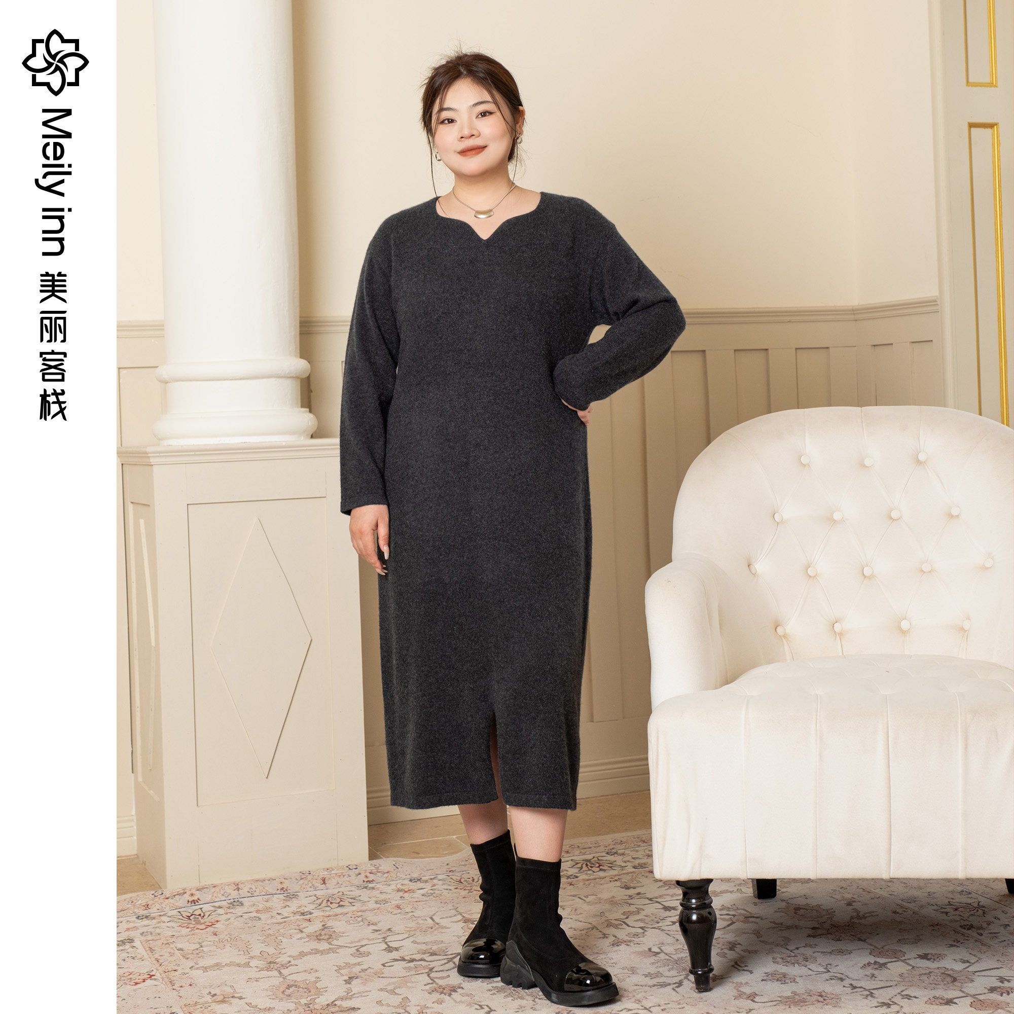 【100羊绒】美丽客栈秋季新款轻奢高级大码女装气质针织连衣裙女