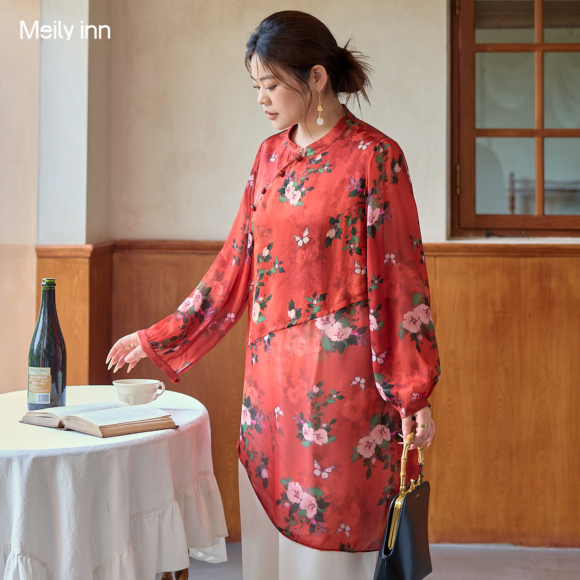 美丽客栈高端国风立领灯笼袖衬衫大码女装胖mm优雅高级感盘扣上衣