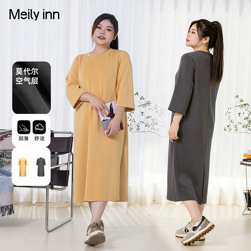 美丽客栈奶油慕斯 连衣裙秋卫衣式大码女装宽松运动休闲2色连衣裙