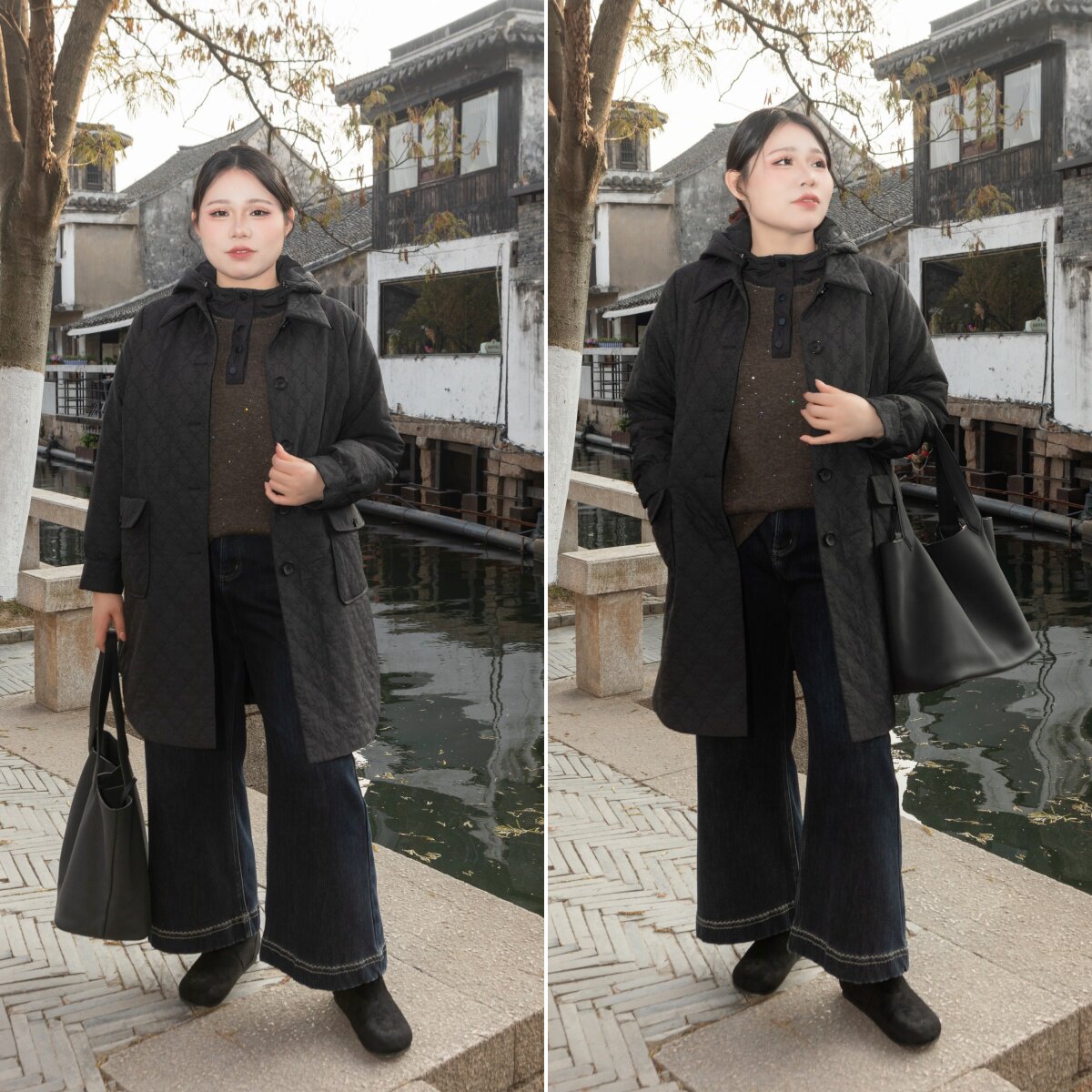现货!24小时内发货【绗缝棉服】黑色中长款,整件衣服素净不单调