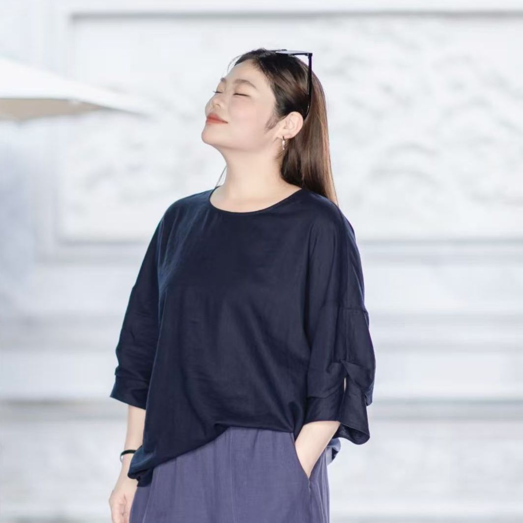 美丽客栈高端大码女装棉麻T恤打底衫加肥加大200斤胖妹妹宽松上衣
