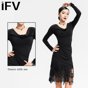 教师专业舞服拉丁舞裙IFV3021练功服荡领长袖 上衣摩登舞连衣裙